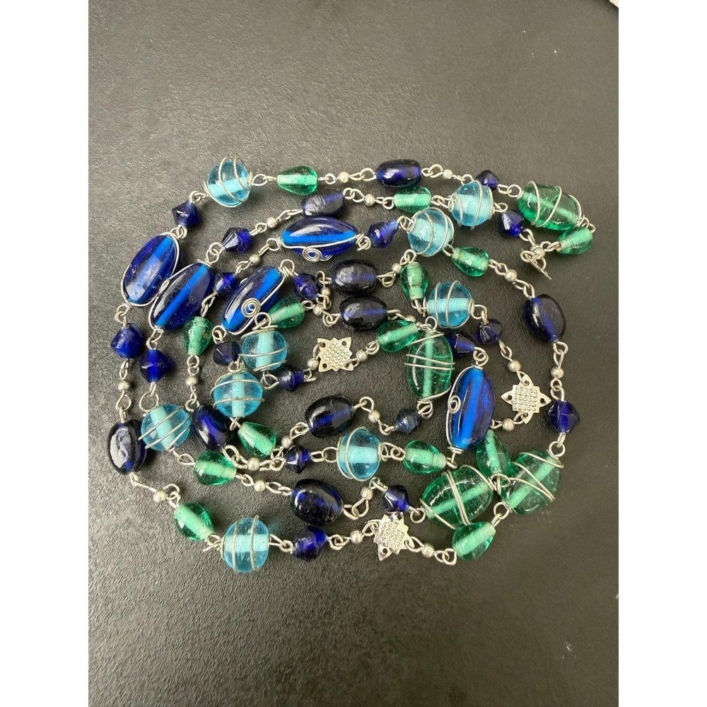 Blue‎ Green Beaded Necklace Art Glass Wire Wrapped Star Link Boho Statement
